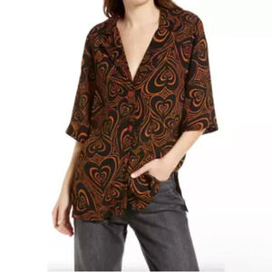 Lisa Says Gah Alyssa Wild Hearts Button Blouse Black Camel Small Contemporary